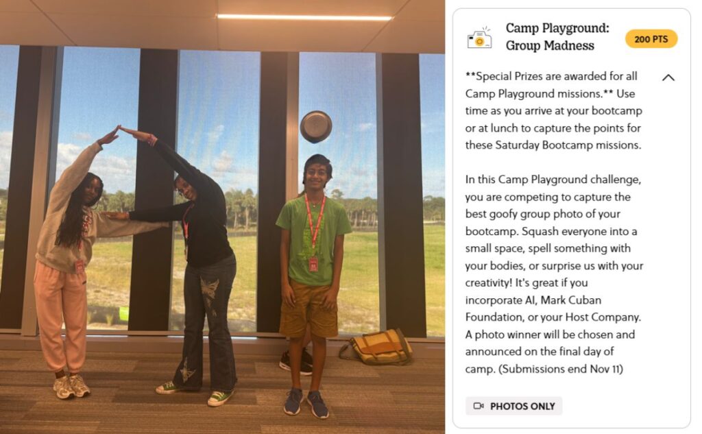 Goosechase Group Madness mission - 3 students use their bodies to spell "AI"