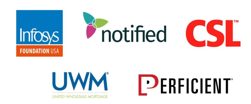 Corporate logos of Infosys Foundation USA, Notified, CSL, United Wholesale Mortgage, and Perficient