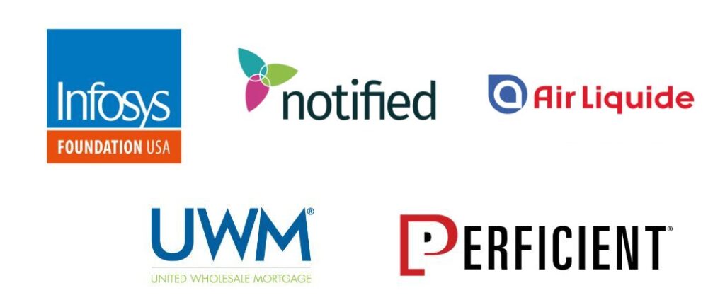 Logos of Infosys Foundation USA, Notified, Air Liquide, UWM, Perficient