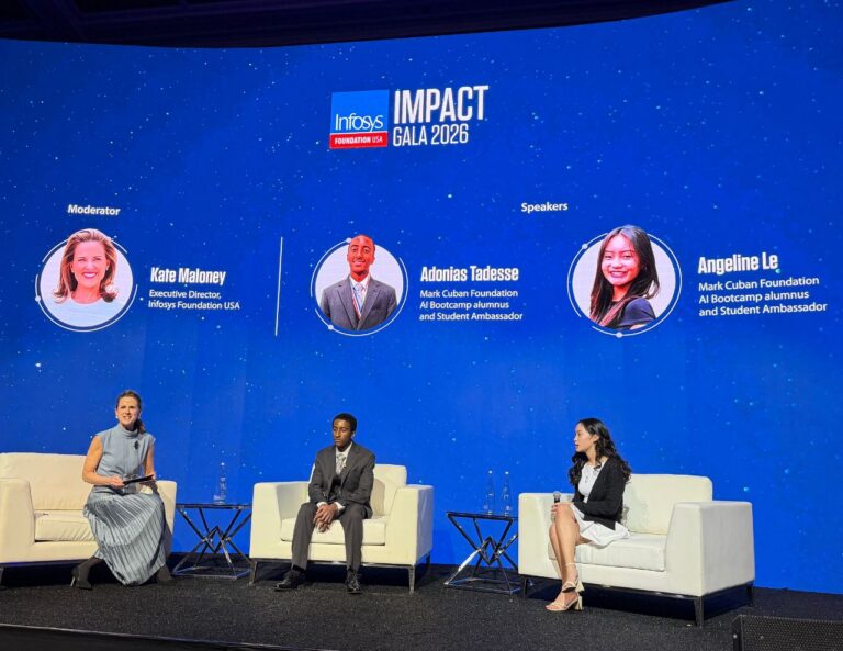 Kate Maloney, Adonias Tadesse, and Angeline Le onstage at Infosys gala