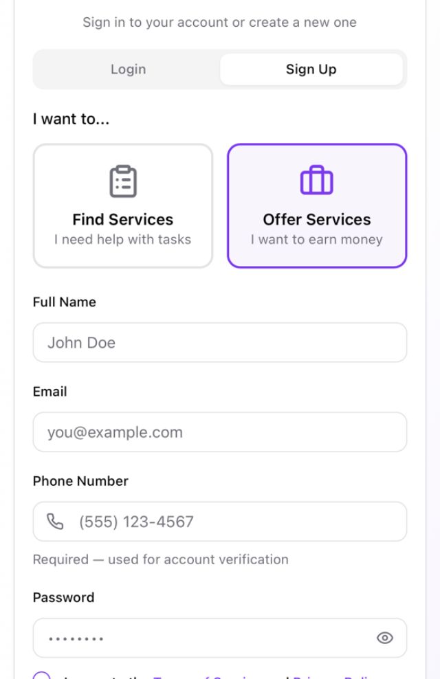 Hustle & Hub screenshot of account creation